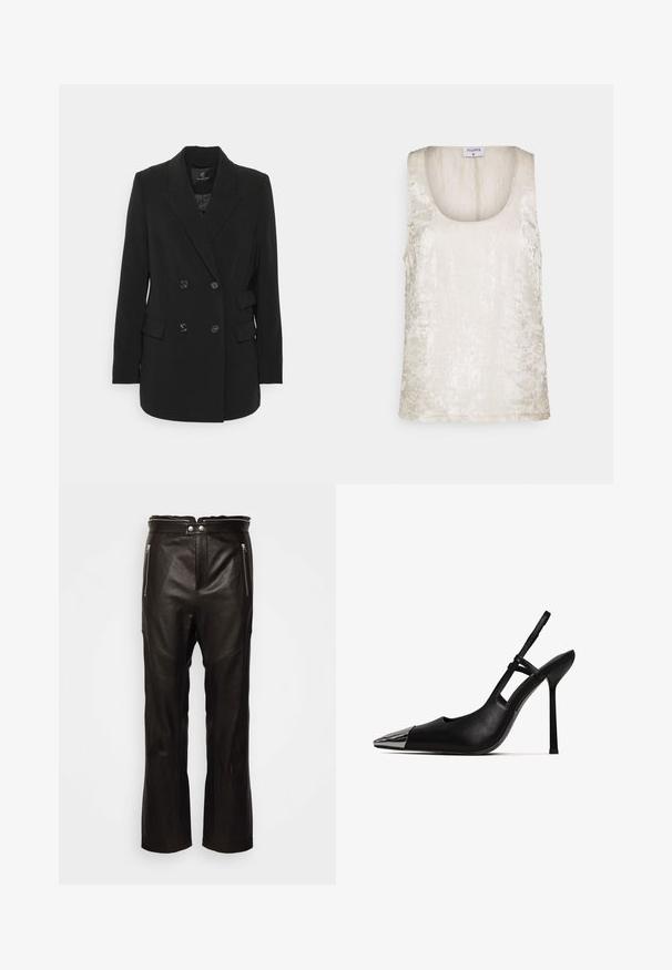 Schwarzer doppelt geknöpfter Blazer aus strukturiertem Stoff mit Reverskragen, zwei Fronttaschen und sechs Knopfverschlüssen.; Filippa K CRINKLED TANK - Top - white; rag & bone SEDONA MOTO PANT - Lederhose - black; Schwarzer Slingback-Pump mit spitzem Zeh und glänzender metallischer Kappe. Verfügt über einen hohen Stiletto-Absatz und einen schmalen Knöchelriemen. Glatte Lederoberfläche.