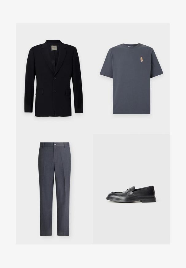 Blazer bleu marine en tissu lisse avec revers cranté, fermeture à un bouton, deux poches avant et une doublure intérieure discrète.; T-shirt gris foncé à manches courtes et col rond avec un petit renard brodé portant un manteau marron sur le côté gauche de la poitrine.; Pantalon habillé sur mesure gris foncé avec fermeture par bouton et zip, passants de ceinture et coupe droite sur fond blanc.; Mocassins en cuir noir avec une finition texturée, dotés d'une bride décorative à l'avant et d'un bout arrondi. Semelle en caoutchouc pour plus de durabilité.