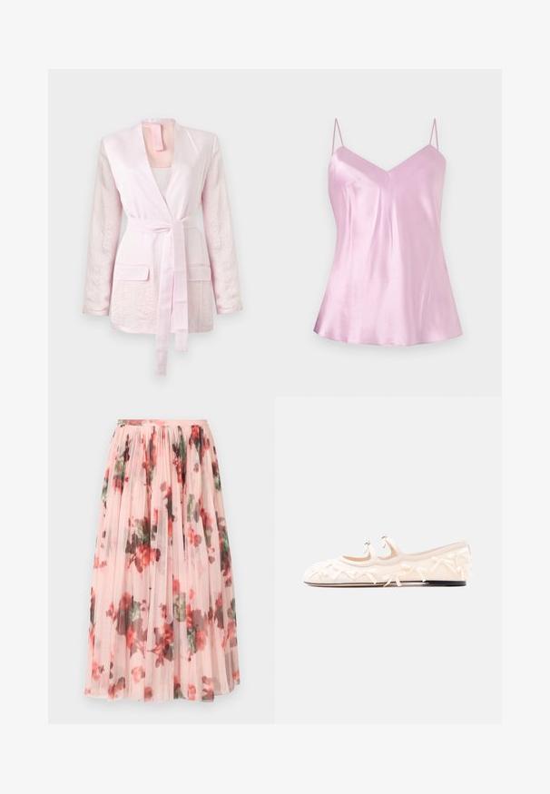 Blazer de manga larga color rosa claro con tejido texturizado, dos bolsillos frontales con solapa y un cinturón a juego de tela atado a la cintura.; Camisola de satén rosa claro con finas tiras de espagueti ajustables y un ligero escote en V, mostrada sobre un fondo blanco liso.; Falda de tul con una base rosa suave, que presenta un patrón floral en rojo y verde. La tela es transparente con pliegues fruncidos en la cinturilla.; Zapato plano de color crema con dos correas, adornado con pequeños lazos, y suela negra sobre un fondo blanco liso.