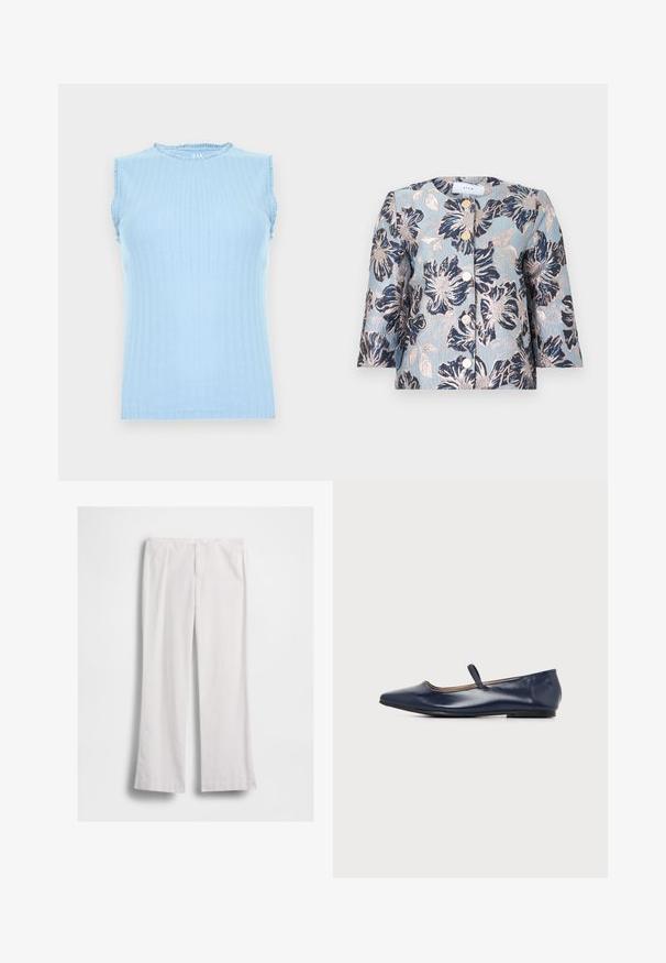 Veste femme bleu clair avec un grand motif floral bleu marine et beige, cinq boutons dorés sur le devant, manches trois-quarts.; Haut tricoté sans manches bleu clair avec un motif vertical subtil et un petit volant sur l'encolure et les emmanchures.; Pantalon blanc à jambes droites avec fermeture éclair et bouton à l'avant, présenté à plat sur fond blanc.; Chaussure plate en cuir bleu marine avec bout pointu et une fine bride sur le dessus du pied, vue de côté sur fond blanc.