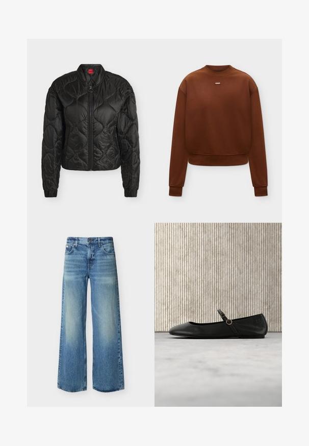 Veste bomber noire matelassée avec fermeture éclair devant, poignets élastiques et petit col montant, présentée sur fond blanc uni.; Sweat-shirt marron à manches longues et col rond, avec poignets et ourlet côtelés, avec un petit patch logo "HUGO" au centre de la poitrine.; Jean large à jambes larges bleu clair avec bouton et fermeture éclair à l'avant, poches avant et arrière, et une subtile décoloration sur les cuisses et les genoux.; Ballerine en cuir noir avec bout arrondi, dotée d'une fine lanière et d'une boucle circulaire dorée. Texture lisse et design minimaliste.