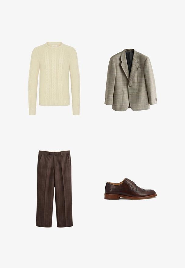 Mandens skræddersyede blazer med beige og brun ternet mønster, med udboret revers, enkeltknappet og med forlommer, vist fladt.; Blend BHBASIM - Striktrøje - oyster gray; Brune skræddersyede bukser med nålestriber, bæltestropper, sidelommer og front lynlås lukning.; Mørkebrun læder herresko med brogue-perforeringer, snørelukning og en lav træsål på hvid baggrund.