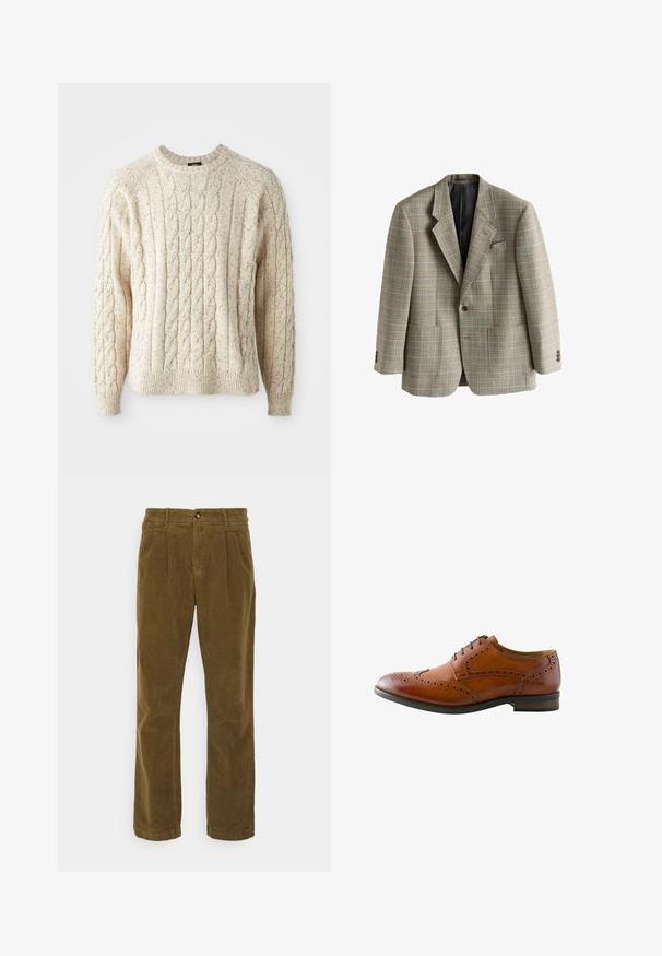 Blazer de hombre hecho a medida con patrón de cuadros beige y marrón, solapas con muesca, botón de un solo pecho y bolsillos frontales, presentado plano.; Suéter de punto trenzado color crema con cuello redondo, patrón texturizado y puños y dobladillo acanalados. Hecho de hilo suave y grueso.; Lindbergh WIDE FIT PANTS - Pantalones - sand; Zapato de vestir brogue para hombre de cuero marrón con perforaciones en punta de ala y cordones negros, mostrado desde el lado exterior.