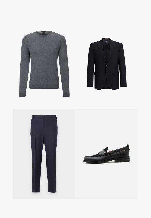 Sort blazer med snorelapel, enkelt knaplukning og to forlommer. Lavet af et glat, tekstureret stof. Brandlogo indeni.; Grå crew-neck sweater lavet af blødt strikket stof. Den har lange ærmer, ribbede manchetter og kant, samt et lille logo-mærke på siden.; Marineblå bukser med flad front, elastisk talje og knaplukning. Lige snit og glat tekstur, velegnet til både formelt og afslappet brug.; Sort læderloafer med grå remdetalje, lav hæl og tekstureret sål, mærket med "HUGO" i guld på siden.