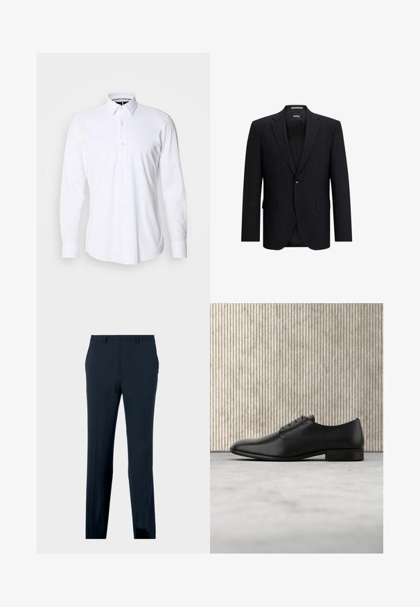 Sort blazer med snorelapel, enkelt knaplukning og to forlommer. Lavet af et glat, tekstureret stof. Brandlogo indeni.; Hvid langærmet skjorte med knapper lavet af glat stof, med spids krave og regulær pasform. Har en frontlås med seks knapper.; Marineblå formelle bukser med bæltestropper, forlommer og lige ben, præsenteret på en neutral baggrund.; Sorte læderdressko med et elegant design, rund tå, fem snøre-læseøjer og en lille hæl. Diskret prægede logo-detaljer.