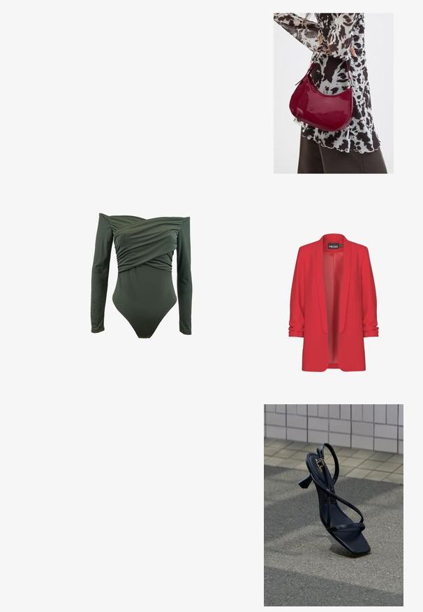 Rød, let blazer med sjalskrave, åben front og op-rullede ærmer. Fremstillet af glat stof uden synlige lukninger. Mærke: PIECES.; Langærmet badedragt i mørkegrøn. Har et indviklet frontdesign og glat tekstur. Lavet af strækbart materiale for komfort.; Sort hællet sandal med firkantet tå, der har tynde stropdetaljer og en lille blokhæl. Glat, skinnende materiale med guldfarvet accent.; Kvinde iført en sort- og hvidmønstret bluse, der holder en blank rød skuldertaske mod en ensfarvet baggrund.