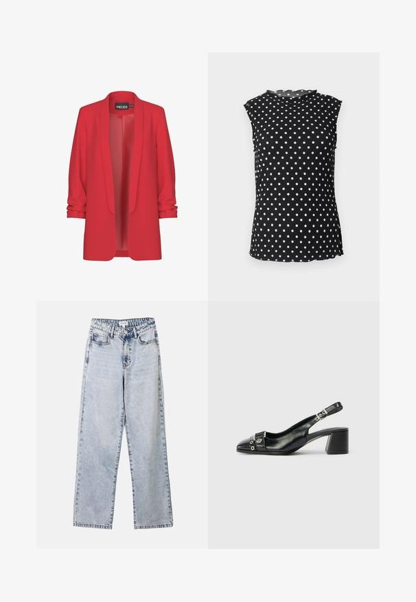 Rød, let blazer med sjalskrave, åben front og op-rullede ærmer. Fremstillet af glat stof uden synlige lukninger. Mærke: PIECES.; Sort ærmeløs bluse med hvide polkaprikker, høj rund halsudskæring og let bølgede kanter på krave og kant.; Lysblå lige ben jeans lavet af denim, med to frontlommer, en knaplukning og kontraststing langs sømmene.; Sorte læder slingback hæl med spids tå, tekstureret rem med cirkulære metalliske accenter, og en stablet blokhæl.