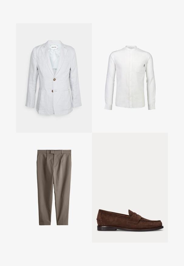 Heathe SINGLE BREASTED - Veste de costume - lavender; Chemise blanche à manches longues en lin, avec un col montant, des boutons sur le devant, et une poche plaquée sur la poitrine gauche. Texture lisse.; Pantalon marron droit ajusté avec passants de ceinture, poches latérales et fermeture éclair à l'avant sur fond blanc.; Mocassin penny en daim marron avec un petit talon et des coutures visibles le long de l'orteil, du côté et à l'arrière, présenté sur un fond clair uni.