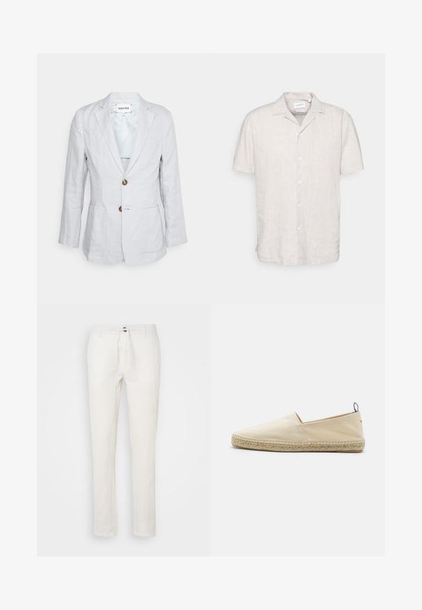 Heathe SINGLE BREASTED - Veste de costume - lavender; Chemise en lin à manches courtes de couleur beige clair, avec un col décontracté et une fermeture à boutons. Le tissu possède une texture respirante.; Pantalon en lin blanc avec taille à cordon, coupe droite et texture subtile. Pas de poches ni de motifs visibles.; Espadrille en toile beige avec un bout rond, semelle en jute tressé et un petit accent rouge et bleu sur le talon. Légère et sans fermeture.