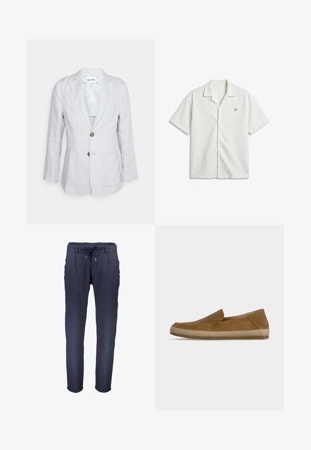 Heathe SINGLE BREASTED - Chaqueta de traje - lavender; Camisa blanca de manga corta con botones, tejido texturizado y pequeño logo bordado "P" en el pecho izquierdo.; Pantalones tapered de color azul marino, hechos de una tela texturizada, con una cinturilla elástica y cordón ajustable, además de bolsillos laterales.; Zapato marrón de ante tipo slip-on con entresuela beige tejida y suela exterior de goma texturizada, mostrado de perfil sobre un fondo blanco.