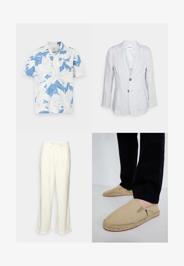 Heathe SINGLE BREASTED - Chaqueta de traje - lavender; Camisa de manga corta con un estampado de hojas tropicales en blanco y azul, hecha de una tela ligera. Cuenta con un collar clásico y un diseño de botones en la parte frontal.; Pantalones de lino en color blanco roto con cintura elástica regulable, perneras ligeramente anchas y puños doblados para un ajuste relajado. Sin bolsillos.; Zapatos de lona color beige tipo slip-on con gomas elásticas, suela de cuerda de yute y costuras en contraste. Llevados con pantalones negros ajustados.