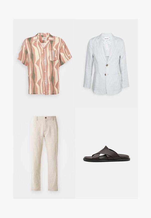 Heathe SINGLE BREASTED - Jakkesæt blazere - lavender; Kortærmet button-up skjorte med et lyserødt, beige og grønt zigzag mønster; inkluderer en enkelt brystlomme og hvide knapper.; Beige linnedragt med slim fit, der har en enkelt brun knaplukning, lige ben og en struktureret stoffinish.; Stuart Weitzman BERKLEY - Slip-on sandaler - espresso