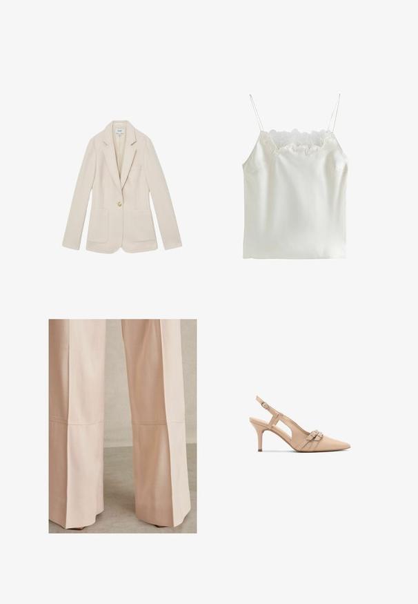 Beige blazer van gestructureerde stof, voorzien van een enkele gouden knoop, twee voorzakken en een revers met inkeping.; Witte satijnen cami met kanten afwerking langs de halslijn, verstelbare spaghettibandjes en een gladde textuur. Eenvoudig ontwerp, zonder patronen.; Lichtroze wijde broek, met een gestructureerde stof, naaddetails en een nette afwerking aan de zoom. Geschikt voor casual of formele gelegenheden.; Beige slingback hakken met een spitse neus, voorzien van twee decoratieve gespen en een 7 cm hoge stilettohak. Gladde leren textuur en open zijkanten.