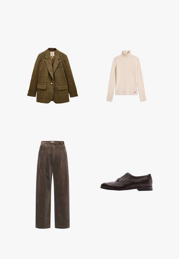 Blazer de un botón en cuadros marrones con solapas de muesca, dos bolsillos delanteros con solapa y botones dorados en los puños, dispuesto sobre un fondo blanco.; Jersey beige de canalé con cuello alto y mangas largas, con un pequeño parche con logo cerca del bajo, sobre fondo blanco.; Pantalones de pana marrón de pierna ancha con pliegues, que presentan una textura suave y una cintura de altura media. Los acabados del dobladillo son limpios y rectos.; Zapato de vestir de cuero marrón con detalles de brogue, cierre con cordones, puntera redondeada y un tacón bajo apilado. Acabado pulido y perforaciones intrincadas.