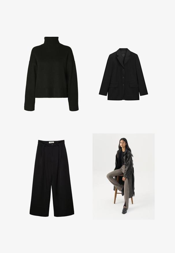 Sort enkeltbrystet blazer med tre knapper, notched revers, lange ærmer og to forlommer med klap, vist på hvid baggrund.; Sort rullekrave sweater lavet af strikket stof. Har lange ærmer, almindelig skuldersøm og ribbede kanter og manchetter for tekstur.; Sorte bukser med vide ben og høj talje, med forreste læg, to sidelommer og knaplukning. Glat stoftekstur.; Sort læder trench coat med knapper og bælte detalje, parret med lysebrune tætsiddende bukser og sorte loafers, siddende på en træstol.