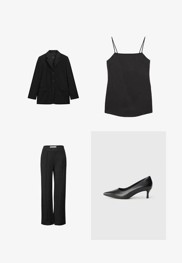 Zwarte enkelrijige blazer met drie knopen, kin lapels, lange mouwen en twee voorzakken met klep, getoond op een witte achtergrond.; Zwart mouwloos cami-topje met dunne dubbele schouderbandjes en rechte halslijn op een witte achtergrond.; Zwarte wijde broek van zachte stof met een gladde textuur. Kenmerkt zich door een hoge, elastische tailleband en subtiele voorplooien.; Zwarte leren pump met spitse neus en een lage, kegelvormige hak, met een gladde textuur en een ondiepe uitsnijding in het bovenwerk voor voetzichtbaarheid.