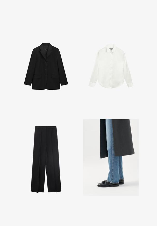 Sort enkeltbrystet blazer med tre knapper, notched revers, lange ærmer og to forlommer med klap, vist på hvid baggrund.; Hvid skjorte med lange ærmer, krave og manchetter, lagt fladt ud med knapperne fastgjort i midten foran.; Bredde ben sorte bukser med en glat tekstur, med plisseringer foran og en høj talje-design. Ingen synlige lommer eller hardware.; Sorte læderloafer med kvaster, båret med lyseblå lige ben jeans, suppleres af en mørkegrå frakke. Rene linjer og struktureret stof.