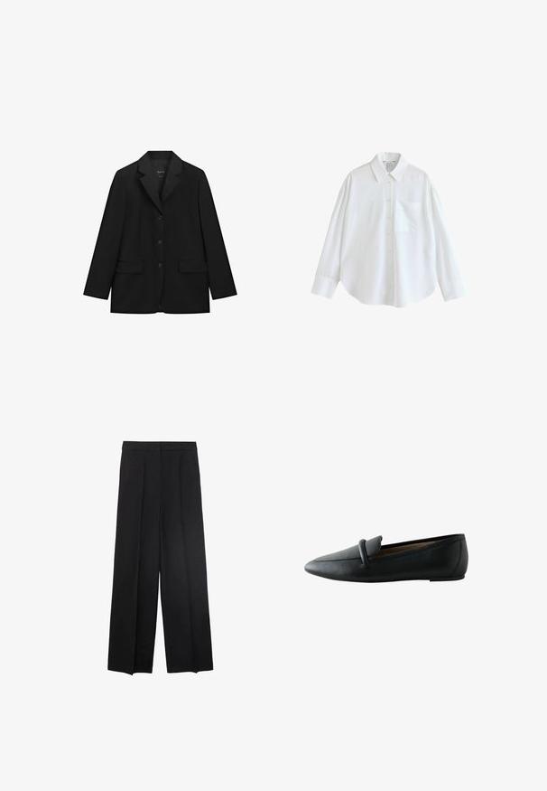Sort enkeltbrystet blazer med tre knapper, notched revers, lange ærmer og to forlommer med klap, vist på hvid baggrund.; Hvid langærmet skjorte med knapper, spids krave, enkelt brystlomme og brede manchetter, vist på en ensfarvet hvid baggrund.; Bredde ben sorte bukser med en glat tekstur, med plisseringer foran og en høj talje-design. Ingen synlige lommer eller hardware.; Sort læder flad loafer med rundet tå og remdetalje over overdelen, vist fra siden.