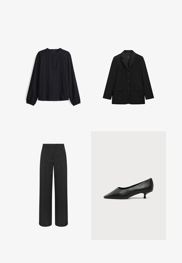 Zwarte enkelrijige blazer met drie knopen, kin lapels, lange mouwen en twee voorzakken met klep, getoond op een witte achtergrond.; Zwarte lange mouwen shirt met verticale ribbelstructuur, ronde halslijn en knoopsluiting. Zachte stof met een iets losse pasvorm.; Zwarte, brede broek met hoge taille, riemlussen en voorste plooinaden, op maat gemaakt voor een formele of professionele uitstraling.; Zwarte leren damesschoen met lage hak, puntige neus en kleine kittenhak op een effen lichte achtergrond.