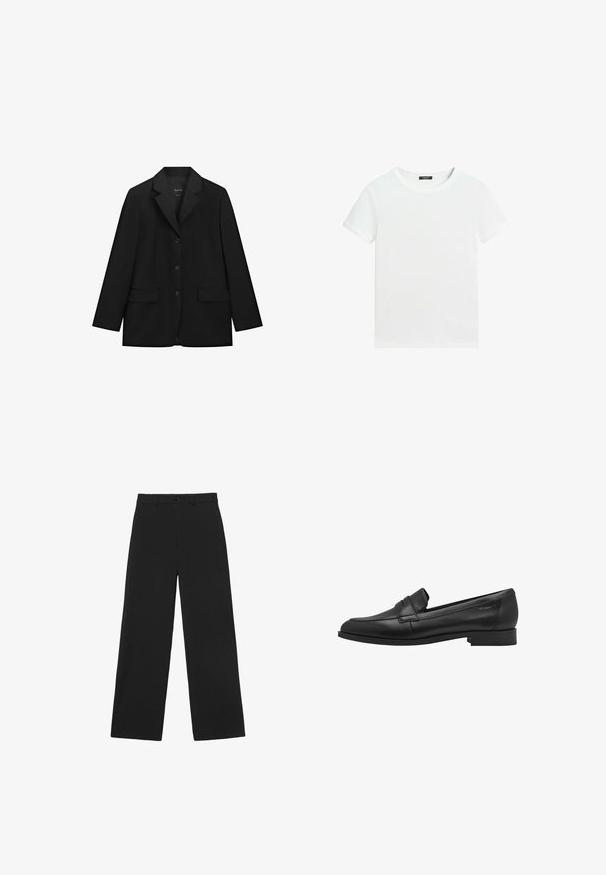 Sort enkeltbrystet blazer med tre knapper, notched revers, lange ærmer og to forlommer med klap, vist på hvid baggrund.; Almindelig hvid T-shirt med korte ærmer, rund halsudskæring og lille sort label inden i kraven.; Sorte bukser med vidde i benene, med knap og bæltestropper, med en klassisk høj talje og skræddersyet pasform.; Sort læder loafersko med en glat tekstur, rund tå og en lille hævet stroppedesign. Har en lav, solid hæl.