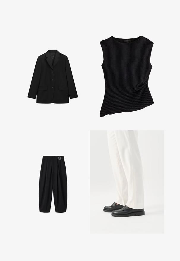 Sort enkeltbrystet blazer med tre knapper, notched revers, lange ærmer og to forlommer med klap, vist på hvid baggrund.; Sort ribstrikket ærmeløs top med rund hals og let rynket sideskæring.; Sorte vidde bukser med plissering og en sidebøjle detalje ved linningen, vist på hvid baggrund.; Person iført hvide skræddersyede bukser og sorte læder loafers stående på hvid baggrund.