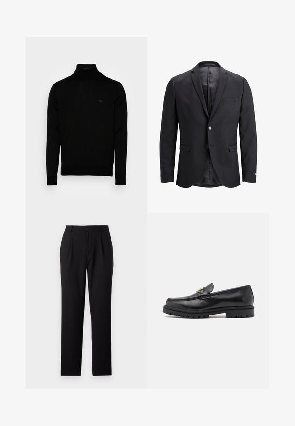 Zwarte blazer van gladde stof, met een enkele knoopsluiting, opgestikte revers en een borstzak. Binnenvoering van contrasterende stof.; Zwarte coltrui, geribbelde textuur, lange mouwen, figure-hugging ontwerp, subtiele Lacoste-logo op de borst, middeldikte gebreid materiaal.; Zwarte broek met een rechte pijpdesign, gemaakt van gladde stof. Kenmerkt zich door voorvouwen en een knoopsluiting aan de taille.; Zwarte leren instappers met een zachte afwerking, ronde neus, een decoratieve band met gouden hardware en een robuuste zwarte zool.