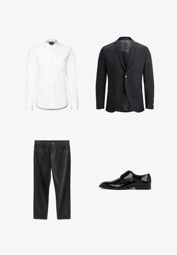 Blazer negro de tejido suave, con cierre de un solo botón, solapas con muesca y un bolsillo en el pecho. Interior forrado con tejido de contraste.; Camisa blanca de manga larga hecha de algodón, con collar abotonado, bolsillo delantero y dobladillo redondeado con puños abotonados.; Pantalones de pana negros con un diseño de pierna recta, que cuentan con dos bolsillos Frontales y un cierre de botón. Textura suave y material duradero.; Zapato de vestir para hombre en cuero negro brillante con cordones, detalles de brogue y tacón bajo, mostrado en perfil lateral sobre un fondo blanco.