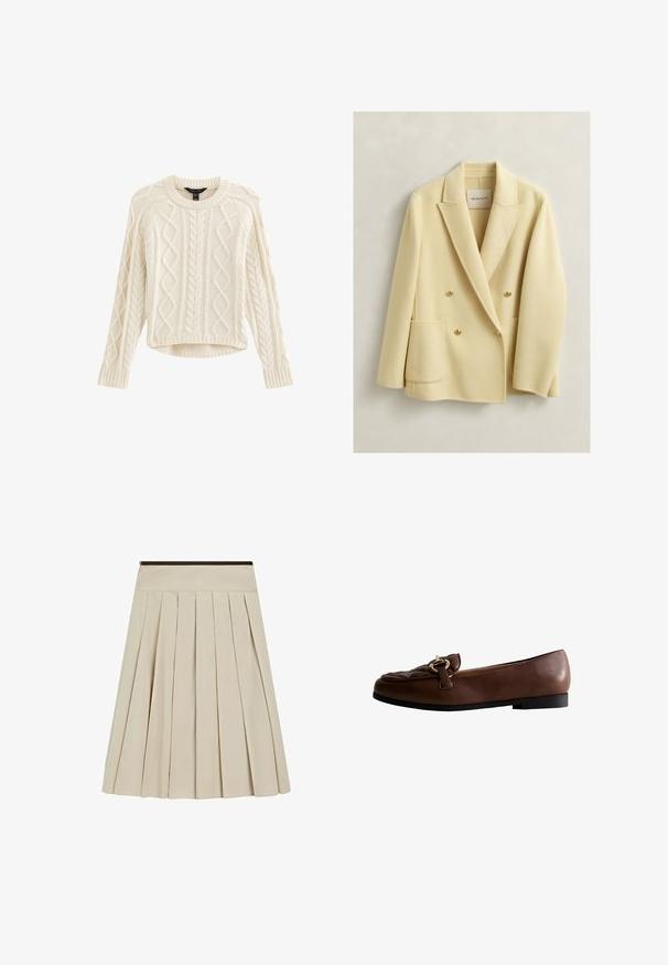 Blazer en laine crème à double boutonnage avec revers à encoche, deux poches plaquées sur le devant et boutons dorés, suspendu sur un fond clair.; Pull léger en crème avec des motifs en maille torsadée, col rond et manches longues. Présente un ourlet court et un tissu texturé pour plus de chaleur.; Jupe plissée beige longueur genou avec une taille ajustée et une fermeture éclair sur le côté gauche.; Mocassins en cuir marron avec un dessus matelassé, présentant une accent en boucle dorée et une semelle en caoutchouc noir basse.