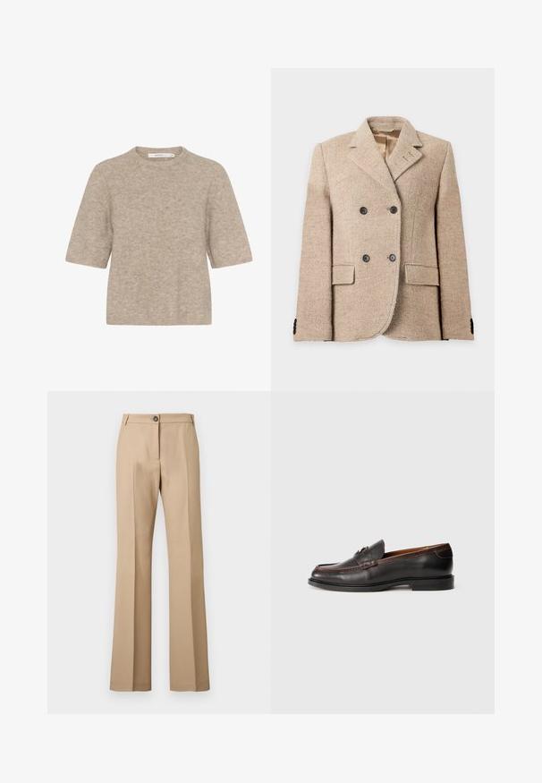 Beige dubbelgeknoopte wollen blazer met ingesneden revers, twee voorflapzakjes, vier zwarte knopen aan de voorkant en een gladde binnenvoering.; Beige korte mouwen trui gemaakt van zachte brei-stof, met een ronde halslijn en een relaxte pasvorm. De textuur is licht verweven.; Beige rechte broek met frontale vouw, knoopsluiting en riemlussen, getoond tegen een effen achtergrond.; Zwarte leren instappers met een gladde afwerking, ronde neus en gestikte details. Heeft een lage hak en een minimalistisch ontwerp.