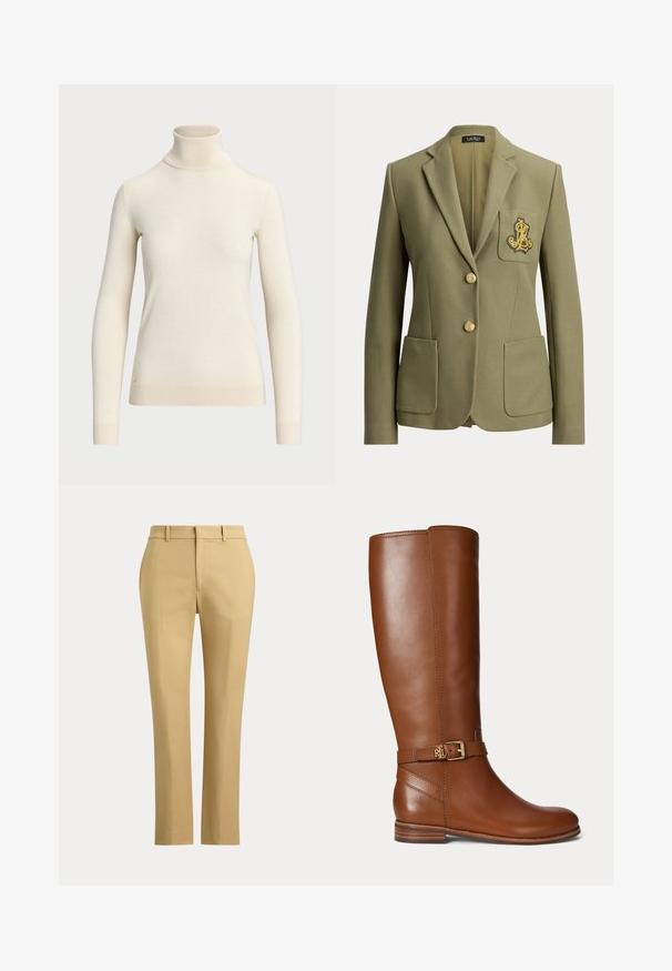 Olivgrüner, maßgeschneiderter Blazer mit gekerbtem Revers, zwei Vordertaschen, zwei goldenen Knöpfen und einem goldbestickten Logo auf der Brusttasche.; Cremfarbener Rollkragenpullover aus weichem Stoff, mit langen Ärmeln und tailliertem Design. Mit kleinem goldenen Logo am Saum.; Beige gerade geschnittene Hose mit Gürtelschlaufen, vorderer Bügelfalte und einem schlichten Bund vor einem einfarbigen Hintergrund.; Brauner kniehoher Lederstiefel mit einer kleinen goldenen Schnalle und "RL" Logo am Riemen nahe dem Knöchel, flachem Absatz und glatter Oberfläche.