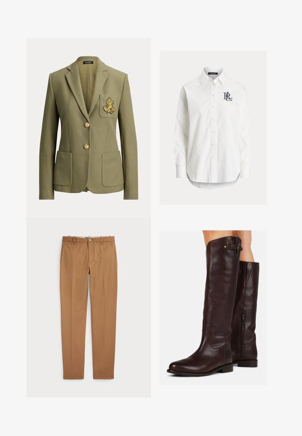 Olivengrøn skræddersyet blazer med hakkede revers, to forlommer, to guldknapper og et guldbroderet logo på brystlommen.; Hvid langærmet skjorte med knapper og spidser krave samt sort broderet logo på venstre bryst.; Brune bomuldsbukser med slim-fit design, flad front og standard lommer; glat tekstur og opkradset afslutninger.; Brune læder knæhøje støvler med rund tå, side lynlås og en lille spænde detalje øverst, med en glat overflade.