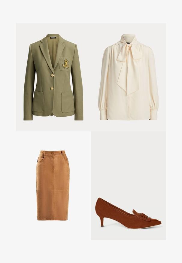 Blazer verde oliva hecho a medida con solapas de muesca, dos bolsillos delanteros, dos botones dorados y un logo bordado en dorado en el bolsillo del pecho.; Blusa cremosa de manga larga con cuello alto y un gran lazo atado en el cuello, con hombros fruncidos y mangas con puños.; Falda lápiz de ante marrón con cintura alta, cierre de botones en el frente, dos bolsillos laterales y detalles de costura vertical. Textura suave.; Zapato de tacón alto de ante marrón con punta afilada y pequeño adorno de borlas en el empeine. Textura sutil y un tacón delgado, ligeramente curvado.