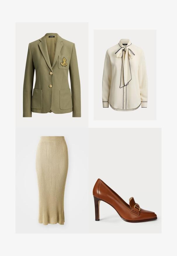 Blazer verde oliva hecho a medida con solapas de muesca, dos bolsillos delanteros, dos botones dorados y un logo bordado en dorado en el bolsillo del pecho.; Blusa color crema con cuello de lazo, ribete azul marino, mangas largas, cierre de botones y textura suave de la tela. Corte entallado y dobladillo curvo.; Falda lápiz de punto en beige claro, con acanalado vertical, cintura ajustada y dobladillo acampanado con acabados sutiles en la parte inferior.; Zapato de tacón alto de cuero marrón con punta afilada, que presenta una correa decorativa y herrajes en tono dorado a lo largo del empeine. Textura suave.