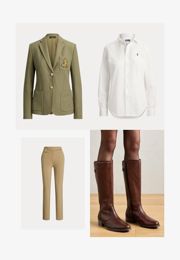 Olivengrøn skræddersyet blazer med hakkede revers, to forlommer, to guldknapper og et guldbroderet logo på brystlommen.; Hvid langærmet skjorte med knapper, krave og lille blåt logo af en polospiller på venstre bryst.; Beige slim-fit kvindebukser med høj talje, to knapper i siden og en lille lomme med knap nær taljebåndet.; Anna Field by Zalando LEATHER - Høje støvler/ Støvler - brown