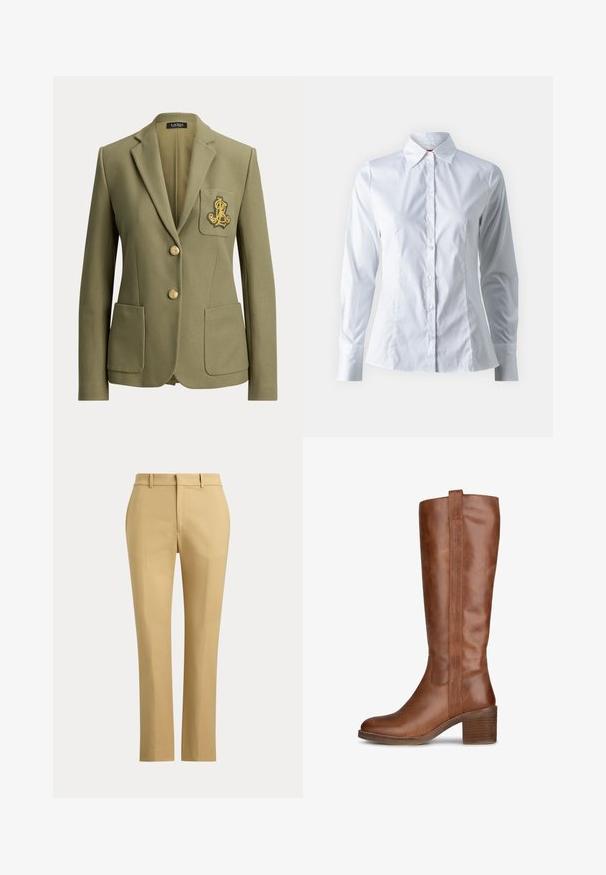 Blazer vert olive taillé sur mesure avec revers crantés, deux poches avant, deux boutons dorés et un logo brodé doré sur la poche poitrine.; Chemise blanche à manches longues, col pointu, design ajusté, en tissu de coton lisse et fermeture à boutons sur le devant.; Pantalon beige droit avec passants de ceinture, fermeture éclair à l'avant et plis sur mesure sur un fond clair uni.; Botte en cuir marron jusqu'au genou avec un bout arrondi, un talon empilé et des coutures le long des côtés. Texture lisse avec un design droit.