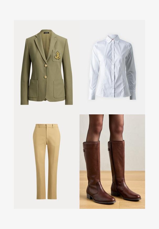 Olivengrøn skræddersyet blazer med hakkede revers, to forlommer, to guldknapper og et guldbroderet logo på brystlommen.; Hvid skjorte med lange ærmer, spidse krave, tætsiddende design, glat bomuldsstof og frontlukning med knapper.; Beige bukser med lige ben, bæltestropper, foran lynlås og skræddersyede folder på en ensfarvet lys baggrund.; Anna Field by Zalando LEATHER - Høje støvler/ Støvler - brown