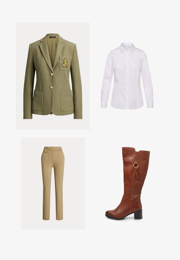 Olivengrøn skræddersyet blazer med hakkede revers, to forlommer, to guldknapper og et guldbroderet logo på brystlommen.; Hvid langærmet skjorte med knapper, spids krave og tilpasset talje, vist på hvid baggrund.; Beige skræddersyede bukser med en glat tekstur, høj talje, to dekorative knapper og en enkelt baglomme. Lige ben-design.; Brun læder knæhøj støvle med rundet tå, chunky hæl, sides lynlås og dekorativ ringdetalje nær toppen. Glat tekstur.
