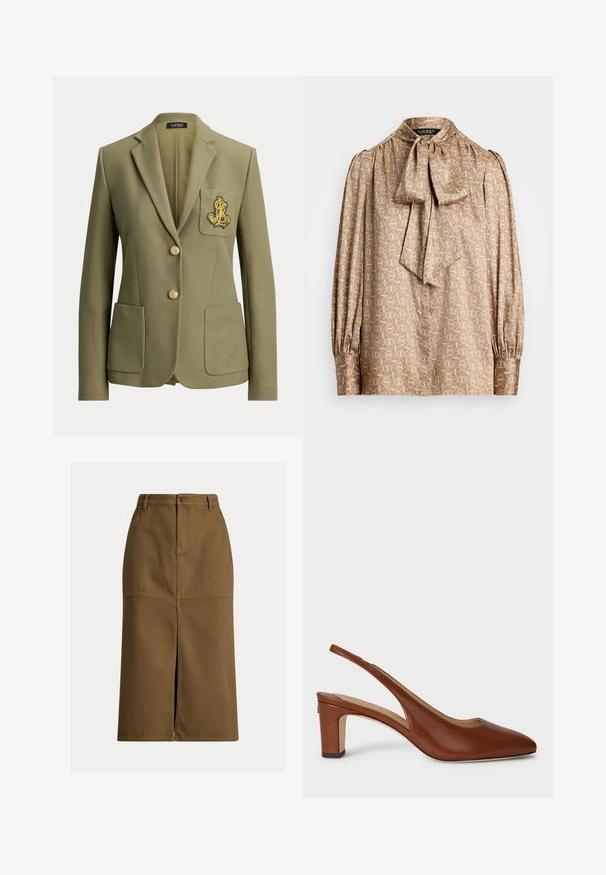 Oliivinvihreä räätälöity bleiseri, jossa lovettu kaulus, kaksi etutaskua, kaksi kultanappia ja kullanvärinen kirjailtu logo rintataskussa.; Paita vaaleasta beige-kankaasta, jossa on kermansävyinen ja kultainen geometrinen kuvio. Siinä on solmimisella oleva kaulus ja kootut pitkät hihat.; Ruskea puuvillamidi-hame, jossa on edessä halkio, kaksi sivutaskua ja ompeluyksityiskohtia. Suora leikkaus ja rakenteellinen muotoilu.; Ruske kožne slingback cipele s oštrim vrhom, niskim blokastim potplatom i otvorenim stranama, s glatkom teksturom i minimalističkim dizajnom.