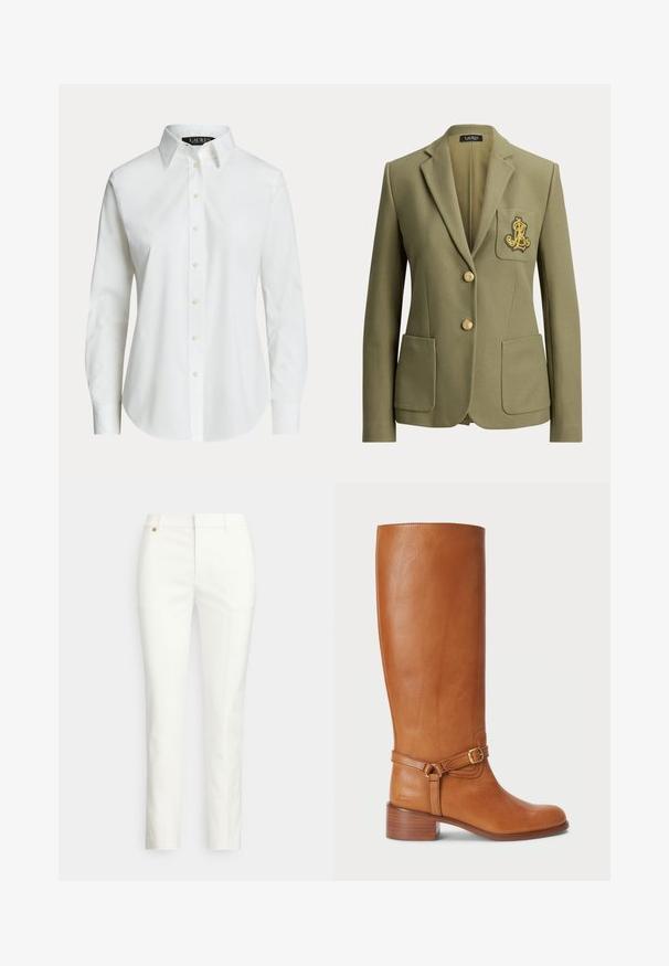 Olivengrøn skræddersyet blazer med hakkede revers, to forlommer, to guldknapper og et guldbroderet logo på brystlommen.; Hvid langærmet skjorte med knapper, klassisk krave og synlige knapper foran, vist på en ensfarvet baggrund.; Hvide, skræddersyede bukser med en tætsiddende pasform, der har en glat tekstur, bæltestropper og en lille detalje af guldhardware. Ingen lommer synlige.; Høje brune læderstøvler med en glat overflade, udstyret med en sidelukning og en stablet hæl. Overdelen har et rent, udekoreret design.