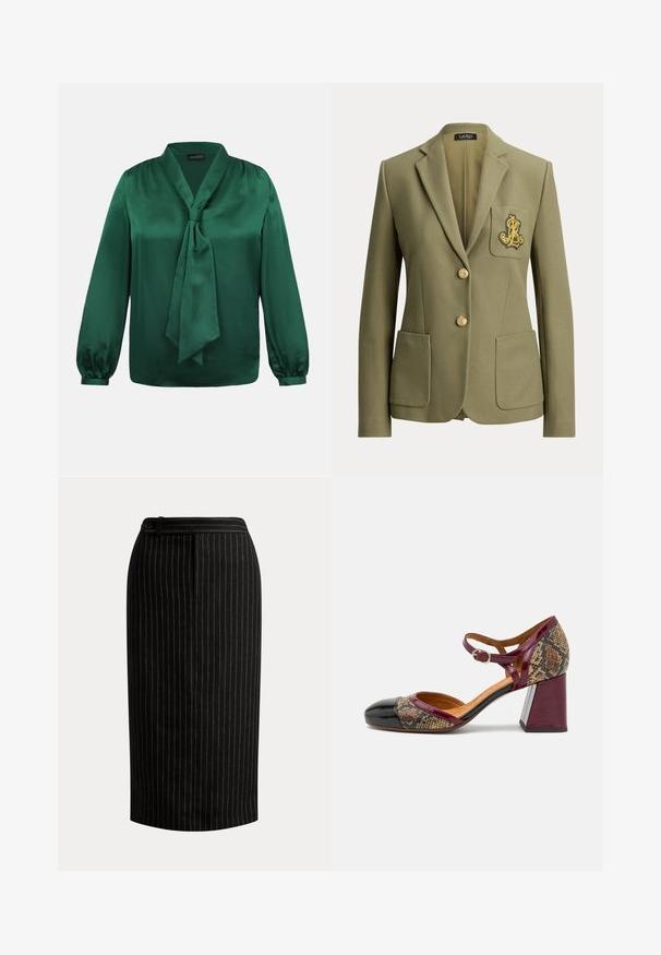Blazer vert olive taillé sur mesure avec revers crantés, deux poches avant, deux boutons dorés et un logo brodé doré sur la poche poitrine.; Blouse en satin vert émeraude à manches longues avec un nœud noué au col, présentant de légers fronces aux épaules et aux poignets.; Jupe crayon noire longueur genou avec fines rayures verticales blanches et détail de ceinture boutonnée.; Chaussure à talon avec un bout en cuir verni noir, une bride bordeaux et une tige en textile à motif serpent ; dotée d'un grand talon block.