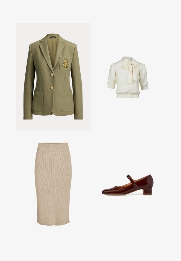 Blazer verde oliva hecho a medida con solapas de muesca, dos bolsillos delanteros, dos botones dorados y un logo bordado en dorado en el bolsillo del pecho.; Suéter blanco de punto con mangas cortas abullonadas, corte holgado y detalle de lazo en el cuello. Tejido texturizado con puños y dobladillo acanalados.; Falda de punto en color beige claro con textura de canalé vertical, de longitud a la rodilla, con cintura elástica y corte recto.; Zapatos Mary Jane en cuero charol burdeos profundo, con punta redondeada, un tacón bajo y una banda ajustable en el empeine.