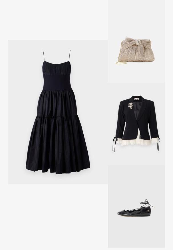 Cinq à Sept LE PETIT ROXIE - Σακάκι - black/ivory; Cinq à Sept GINNY DRESS - Cocktail φόρεμα / Φόρεμα για πάρτι - navy; Μαύρες πατιναρισμένες μπαλαρίνες από δερμάτινη υφή με κομμένα σχέδια και κούμπωμα με κορδόνια. Διαθέτουν στρογγυλή μύτη και διακοσμητικές τρυπημένες λεπτομέρειες.; Μεταλλική χρυσή τσάντα με πτυχώσεις και λεπτομέρεια φιόγκου στην κορυφή, συνοδευόμενη από μια χρυσή αλυσίδα για ευχρηστία και ευκολία στη μεταφορά.