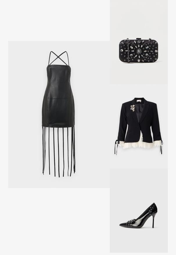 Cinq à Sept LE PETIT ROXIE - Blazer - black/ivory; Vestido de cuero negro con finas tirantes cruzados en la espalda, cuerpo ajustado y detalles de flecos colgando del dobladillo. Textura suave y diseño minimalista.; Zapato de tacón stiletto de charol negro con punta afilada, tres correas decorativas con tachuelas y la marca "Karl Lagerfeld" en el tacón.; Clutch negro de forma rectangular, decorado con varios strass en un patrón floral, con una cadena plateada para llevar.