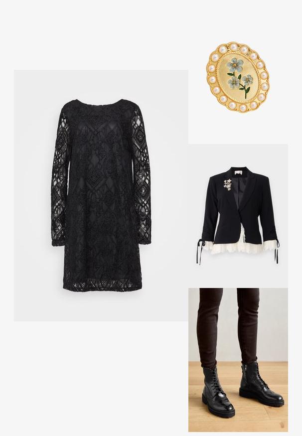 Cinq à Sept LE PETIT ROXIE - Blazer - black/ivory; Zwarte kanten jurk met een geometrisch patroon, lange mouwen en een ronde halslijn, met een doorzichtige textuur en een vaste onderlaag.; Zwarte leren enkellaarsjes met brogue-details, een vetersluiting aan de voorkant, ritsen aan de zijkant en gestructureerde rubberen zolen. Gecombineerd met donkere slim-fit broek.; Gouden ovale broche met blauwe emaillen bloemen in het midden, omringd door een rand van ronde witte parels.