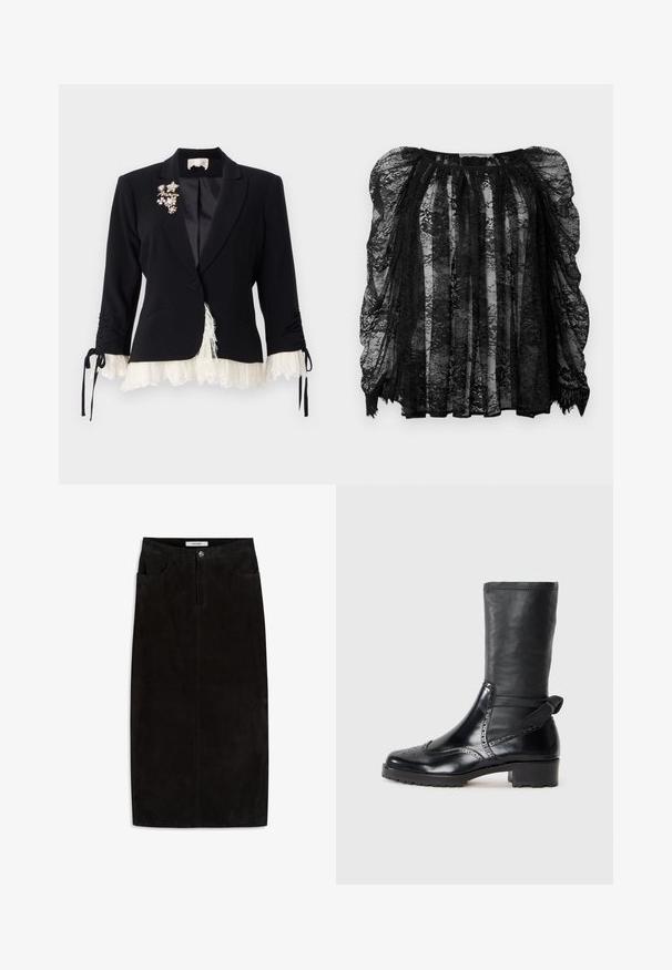 Cinq à Sept LE PETIT ROXIE - Blazer - black/ivory; Blouse en dentelle noire avec un tissu transparent, des manches bouffantes, un design plissé et un ourlet festonné. Motifs floraux intriqués sur l'ensemble.; Jupe crayon en suède noir avec une texture lisse, dotée de cinq poches, d'une fermeture à bouton sur le devant et d'une coupe droite.; Bottine noire avec une tige en cuir lisse, des détails de brogue, un bout rond et un talon bloc de hauteur moyenne. Comprend un tige douce et texturée.