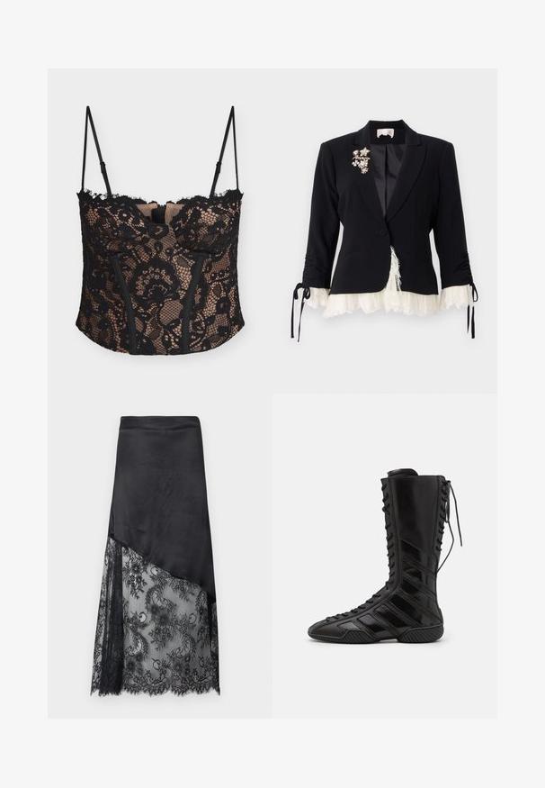 Cinq à Sept LE PETIT ROXIE - Σακάκι - black/ivory; Μαύρο τοπ σε στυλ κορσέ δαντέλας με ανθικό μοτίβο, γυμνό υπόστρωμα, ρυθμιζόμενους λεπτούς ιμάντες και δομημένα μπροστινά πάνελ.; Μαύρη ασύμμετρη φούστα με μονόχρωμη σατέν κορυφή και διαφανές δαντελωτό φλοράλ επικάλυμμα στο κάτω μισό.; Μαύρες μπότες με ψηλό τακούνι από λαμπερό συνθετικό υλικό, με περίπλοκο σχέδιο με κορδόνια και διαγώνιες ρίγες στα πλάγια.