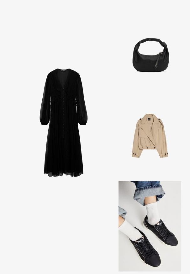 Trench-coat beige court avec un design à double boutonnage, larges revers, épaulettes et poignets boutonnés. Texture de tissu lisse.; Robe maxi noire en tissu transparent, avec des manches longues, un décolleté en V profond, une fermeture à boutons sur le devant et des détails froncés à la taille.; Baskets synthétiques noires avec un bout rond, des accents latéraux beiges contrastants et un laçage classique. Associées à des chaussettes blanches à côtes.; Sac à main en cuir texturé noir avec une poignée nouée et une longue languette de fermeture éclair embossée du mot « MIRIADE » en lettres dorées.