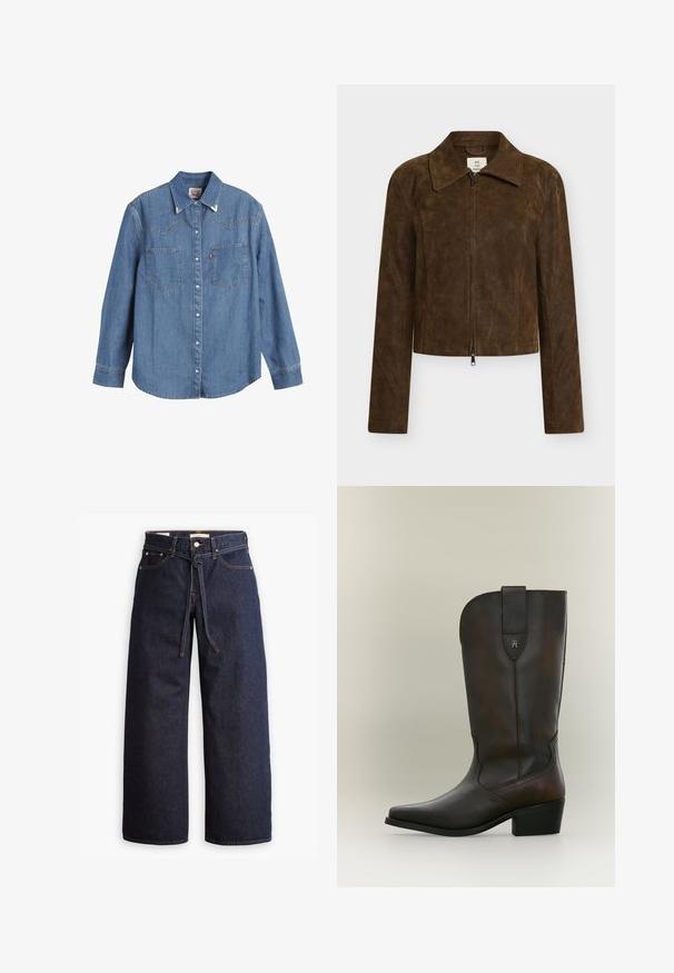 Brun ruskindsjakke med spids krave, lynlåslukning foran og lange ærmer. Har en tekstureret overflade og kort design.; Lys blå denimskjorte med lange ærmer, spids krave, to brystlommer og kontraststing. Har et western-inspireret yoke-design.; Bredde ben mørkeblå denim jeans med høj talje, der har snoretræk, fem lommer og kontrastsyet detaljer.; Mørkebrun læderstøvle til midt på læggen med lav blokhæl, spids tå og en syet trækflig med et lille metal logo.