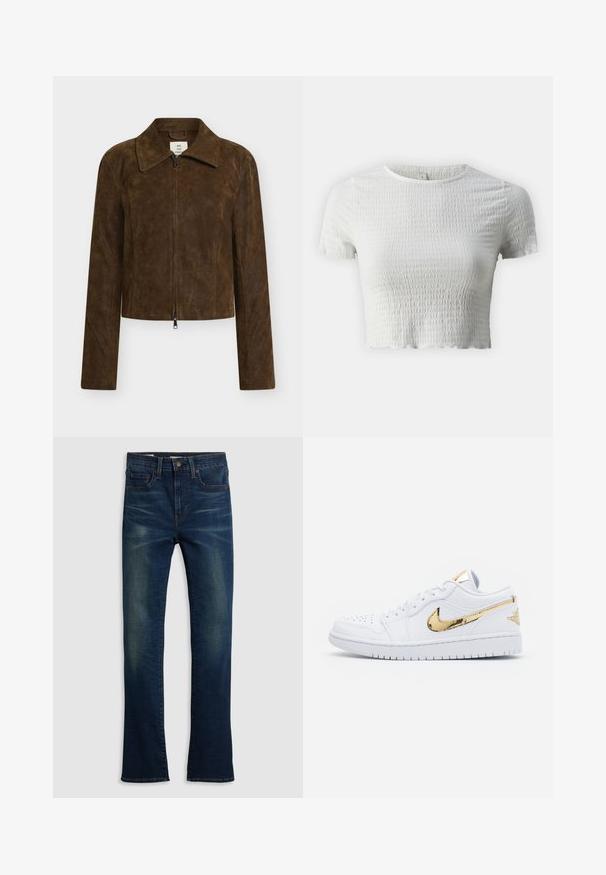 Veste en daim marron avec un col pointu, une fermeture éclair frontale et des manches longues. Elle présente une finition texturée et une coupe courte.; ONLY Petite ONLNADIE - T-shirt basique - cloud dancer; Jean en denim bleu foncé avec une coupe droite, style cinq poches et un léger délavage à l'avant.; Jordan AIR JORDAN 1 LOW SE - Baskets basses - white/metallic gold