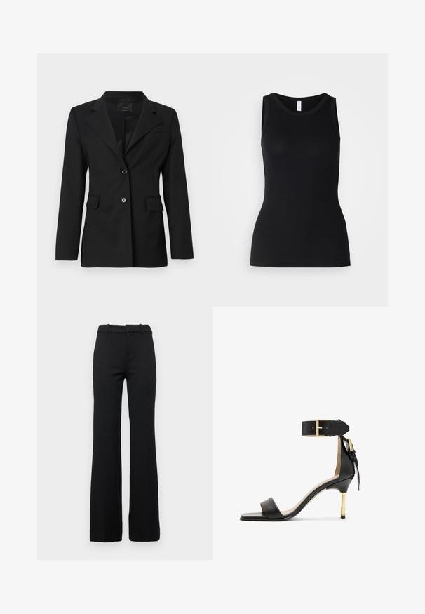 Schwarzer taillierter Blazer mit einem Reverskragen, zwei vorderen Taschen und einem Knopfverschluss. Aus glatt verarbeitetem Stoff mit einer strukturierten Passform.; Schwarzes ärmelloses Tanktop aus geripptem Stoff, mit rundem Ausschnitt und figurbetontem Design, glatter Textur und ohne Muster.; Schwarze taillierte ausgestellte Hose mit glatter Textur, ausgestattet mit einem Bund mit Gürtelschlaufen und einem Reißverschluss vorne.; Schwarze Leder-Absatzsandale mit quadrater Zehenform, Fesselriemen mit einer goldenen Schnalle und einem schlanken, metallischen Absatz. Glatte Textur, minimalistisches Design.